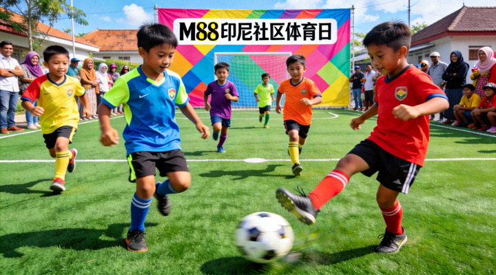 M88组织的印尼社区体育日活动 - 孩子们在新建的球场上快乐踢球