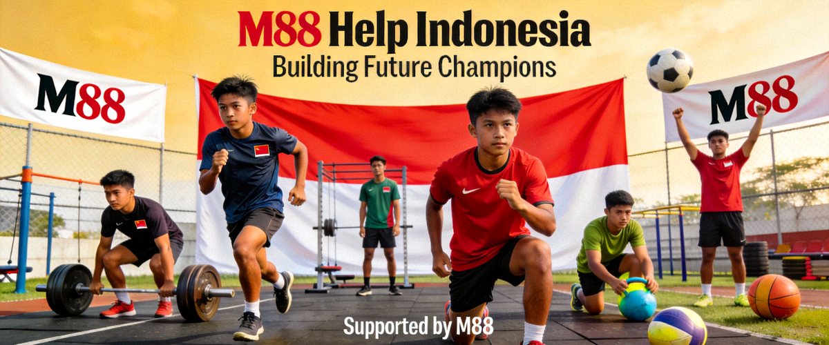 M88 Help Indonesia英雄横幅 - 展示印尼年轻运动员在M88支持下训练的场景