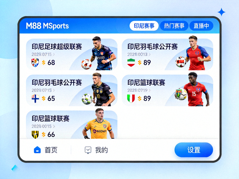 M88 MSports平台界面展示 - 显示印尼本地体育赛事和内容